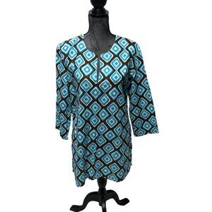 Blue Opihi Tunic Size Large Geometric Blue Brown Lightweight Cotton Top NEW